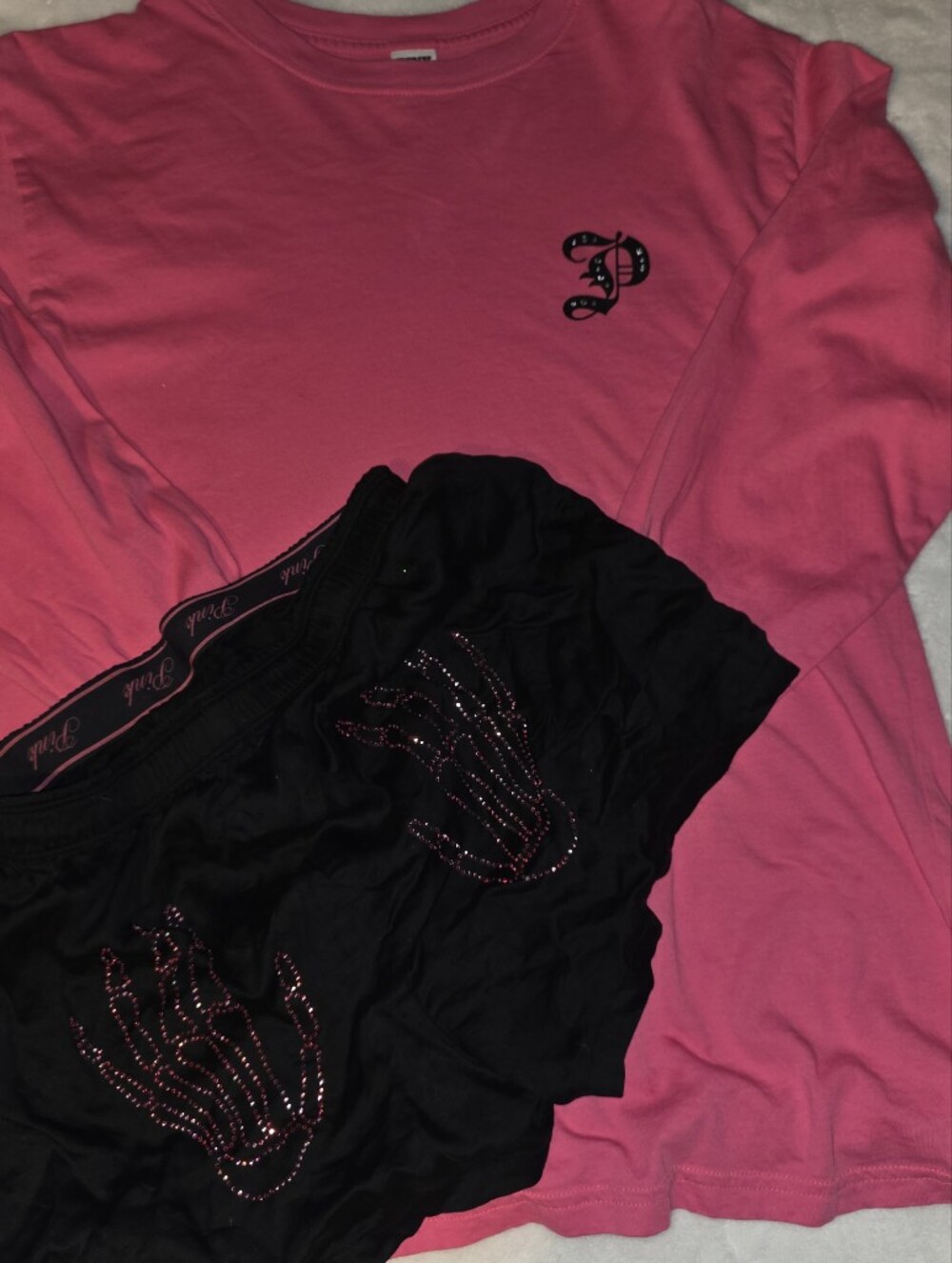Victoriaās Secret PINK Rhinestone Skeleton Hands Shorts & Top Set XS